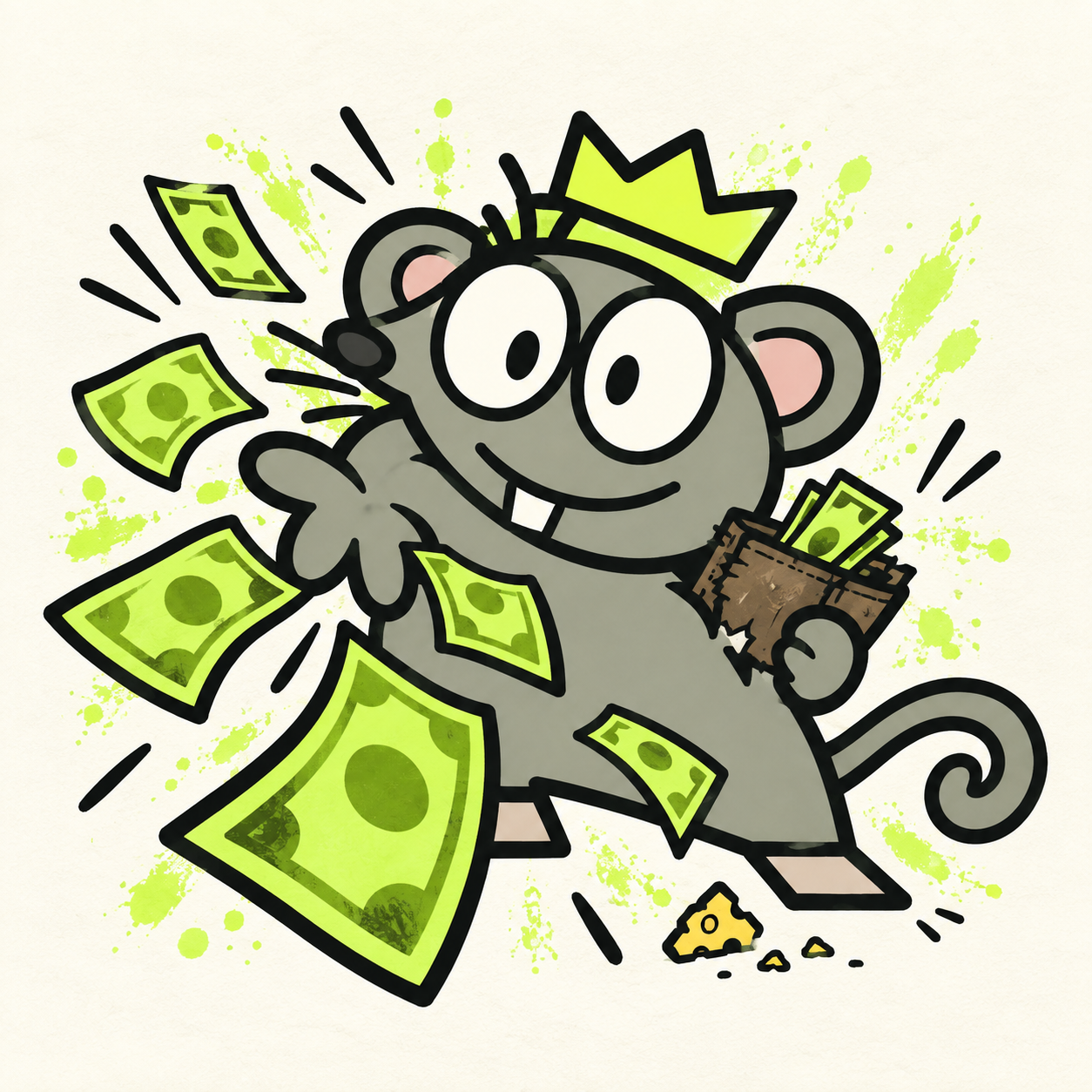 The crowned RATOSHI rat tossing cartoon banknotes back toward the viewer, illustrating cashback.