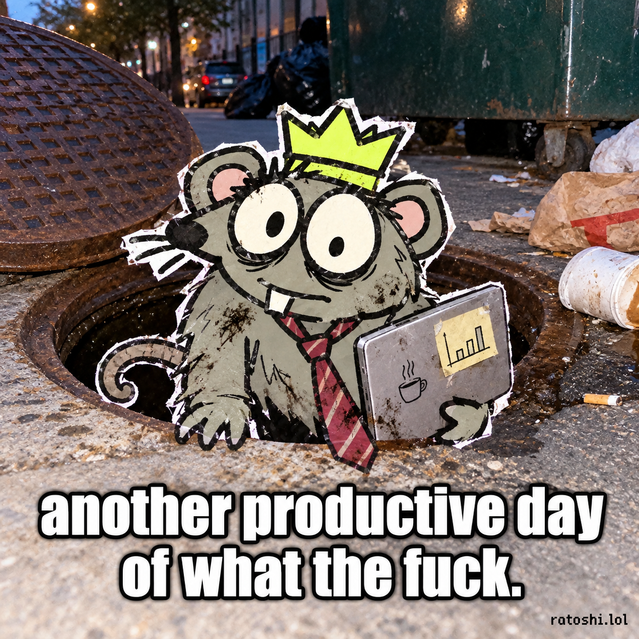 RATOSHI meme: another productive day of what the fuck.